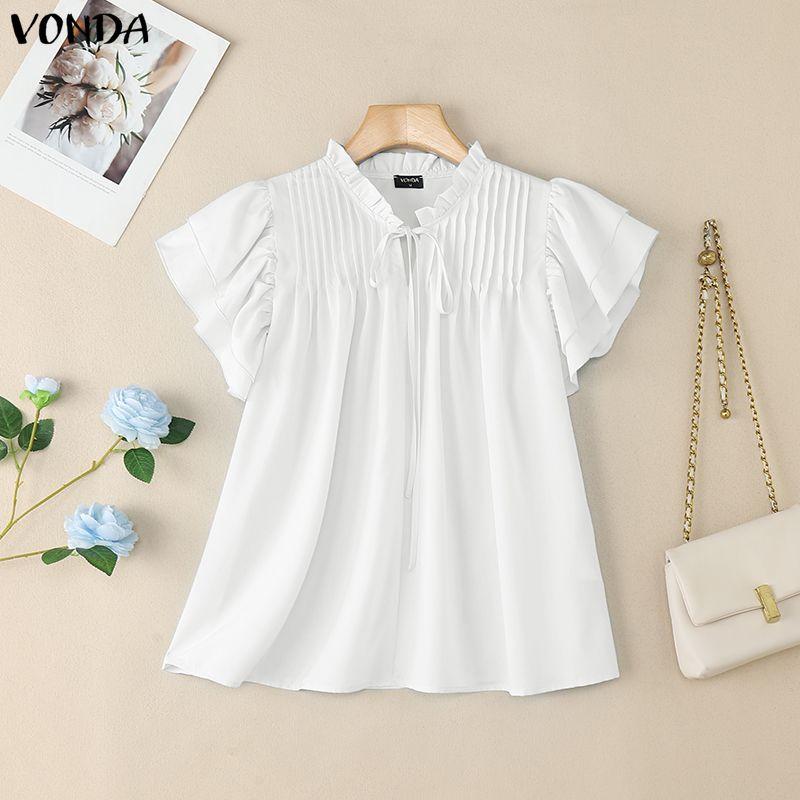 VONDA Women Summer Casual Round Neck Short Sleeve Ruffled Pleating Blouse