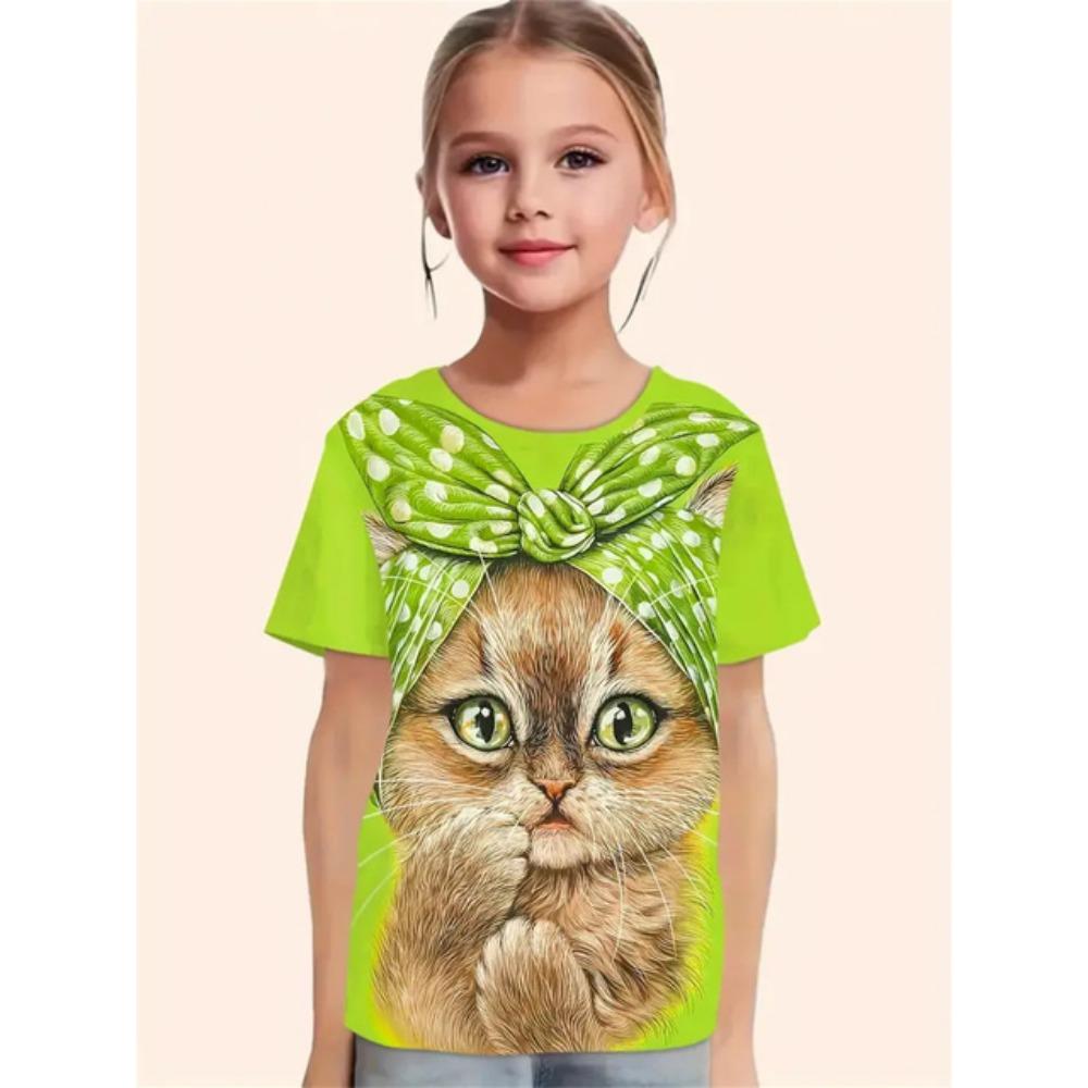 Roupa de Menina 2025 Gato de Desenho Animado Animal Fofo Estampa 3D Moda Casual Camisetas Engraçadas Camisetas de Menina Top de Verão de Manga Curta