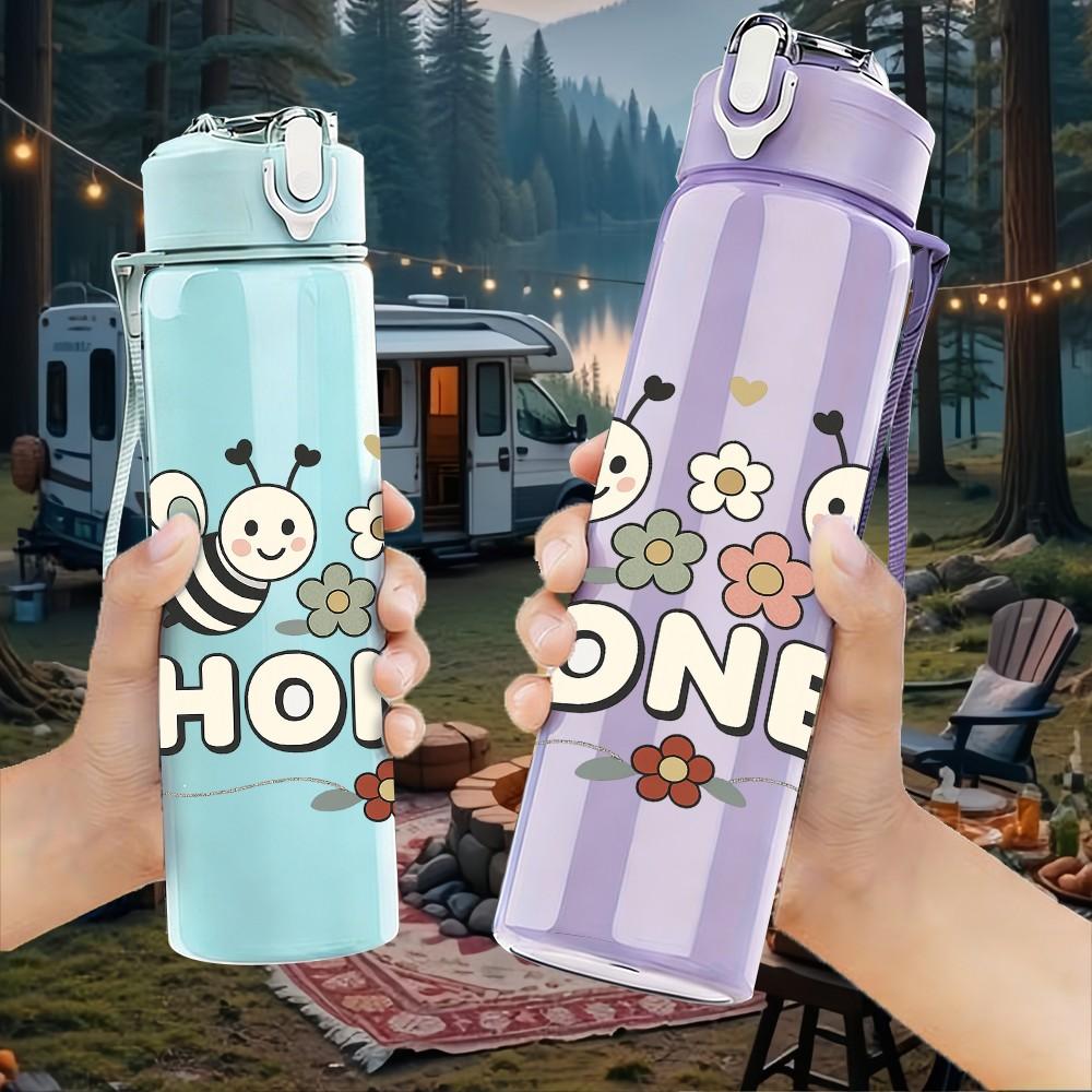 1PC Honey Bee Group Cartoon 750ml Color Plastic Sports Water Bottle Leakproof Flip Straw Lid Suitable for Sports Office Home Use