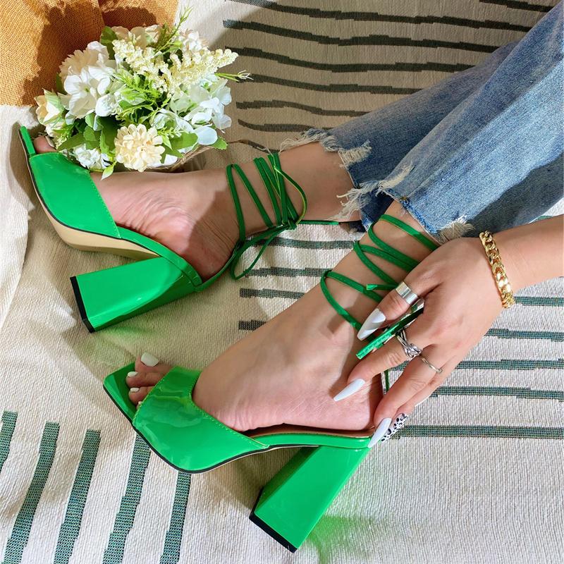 Liyke Summer Green Ankle Cross Strap Sandals Women Patent Leather Square High Heels Fashion Open Toe Party Dress Shoes Size 42