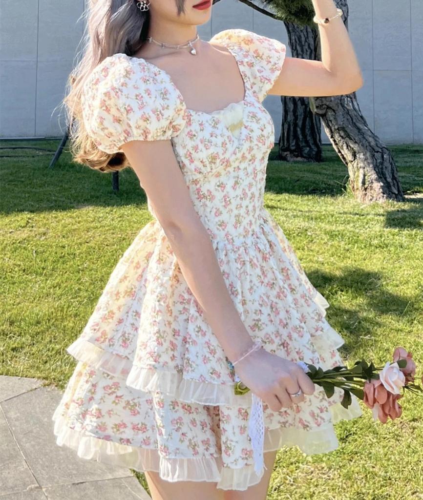 Floral Puff Sleeve Dresses Women Summer Bow Sweet Korean Style Backless Dress