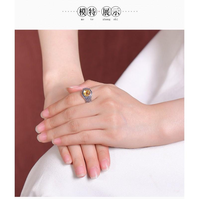 Adjustable Open Ring With Floral Amber Scroll Vintage Oxidized Copper Band Unisex Elegant Statement Jewelry