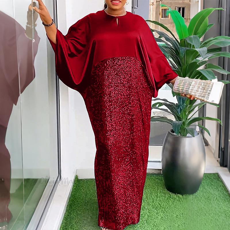Oversized Women 3/4 Sleeve Glitter Sequin Patchwork Casual Baggy Maxi Kaftan Dress
