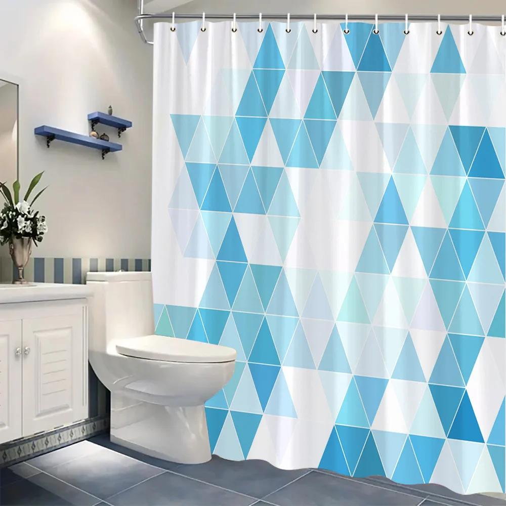 1pc Geometric Triangle Shower Curtain - Blue & White Interconnected Triangles, Gradient Effect, Minimalist Abstract Design