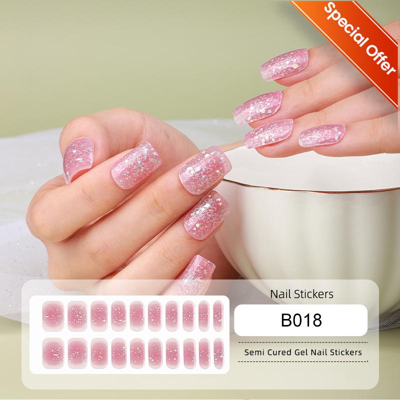 20Tips Gradient French Semi-cured Gel Nail Sticker UV Lamp Needed Full Cover Nail Gel Polish Wraps Manicure Press On Nails Decal