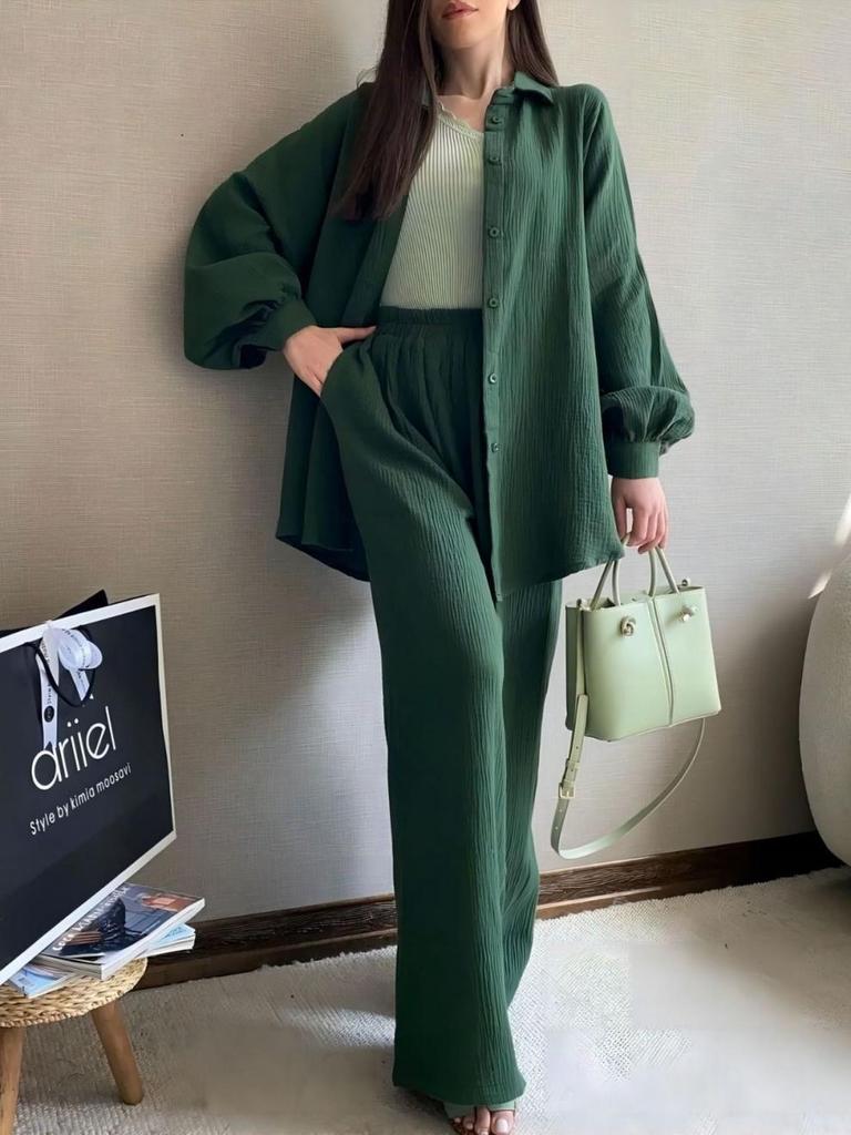 Two-Piece Long-Sleeve Lapel Shirt & Elastic Waist Trousers Suit