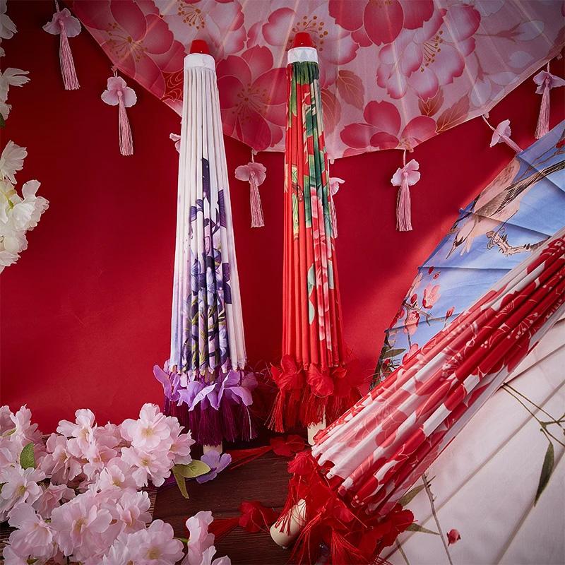 1PC Umbrella 70/82CM Oil Paper for Women Girl Performance Photo Props Antique Umbrella Parasol Satin Cloth Tassel
