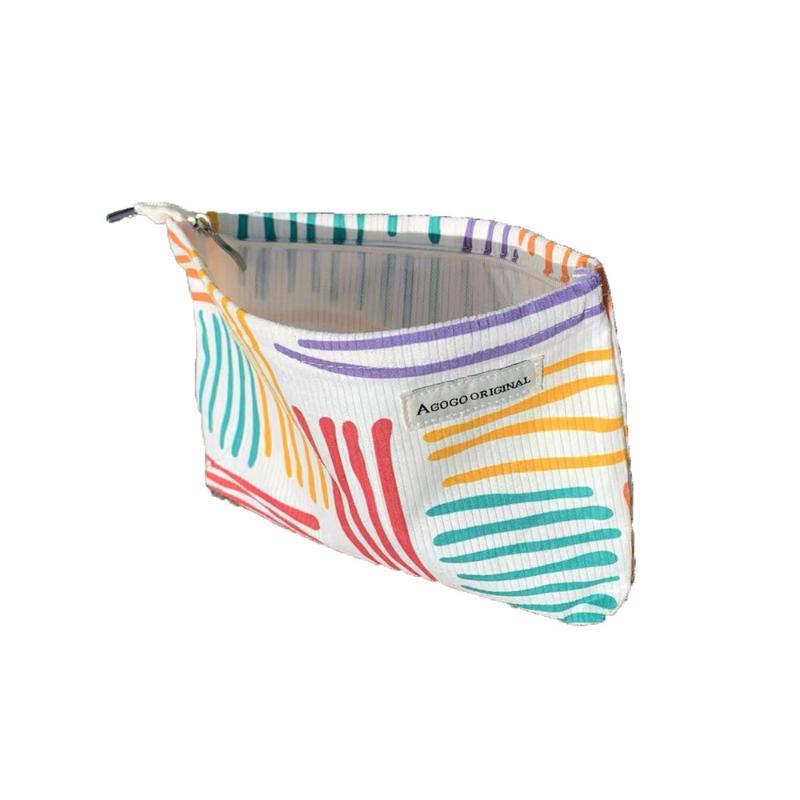 Corduroy Portable Cosmetic Bag Striped Waterproof Toiletry Organizer Large Capacity Skin Care Storage Bag for Hiking Trip