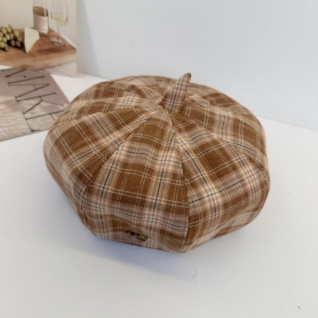 Plaid retro beret women's new British style versatile face small octagonal hat literary newsboy painter hat