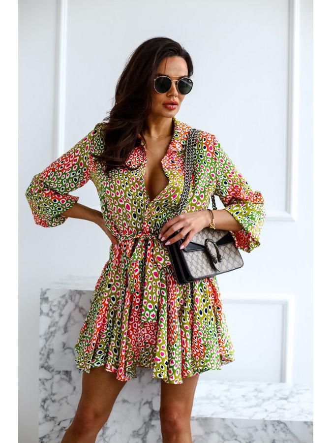 European and American Women's Long-Sleeve Tie-Waist Printed Shirt Dress