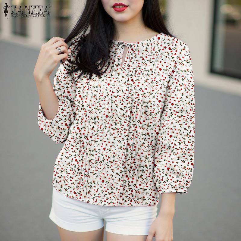 ZANZEA Women Casual Round Neck 3/4 Skeeve Loose Floral Blouse