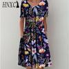 HNXC 30 Color Pleated Midi Dress Short Sleeve Round Neck Loose Hem Mid-Calf Length Women Floral A-Line Party Dress Casual Wear