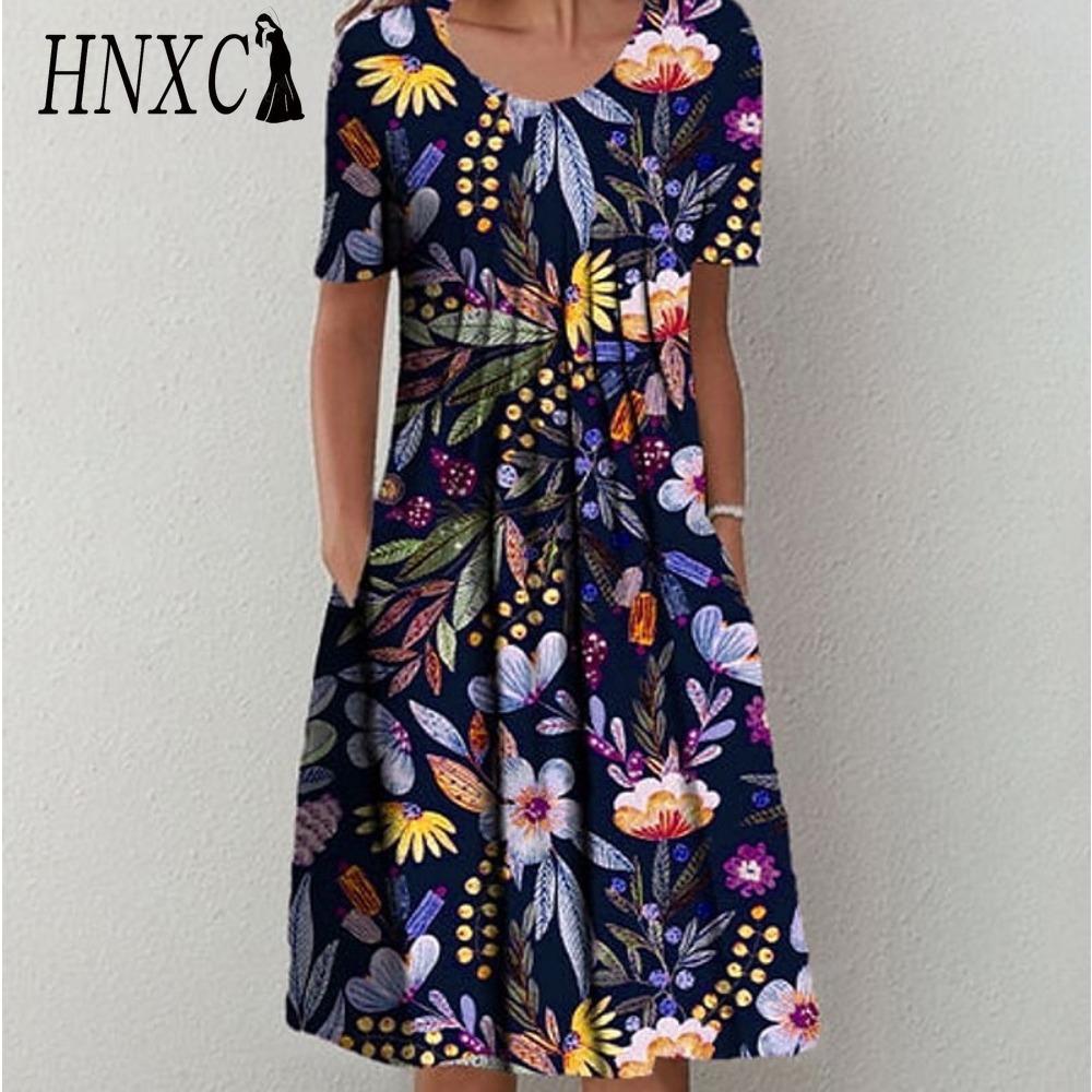 HNXC 30 Color Pleated Midi Dress Short Sleeve Round Neck Loose Hem Mid-Calf Length Women Floral A-Line Party Dress Casual Wear