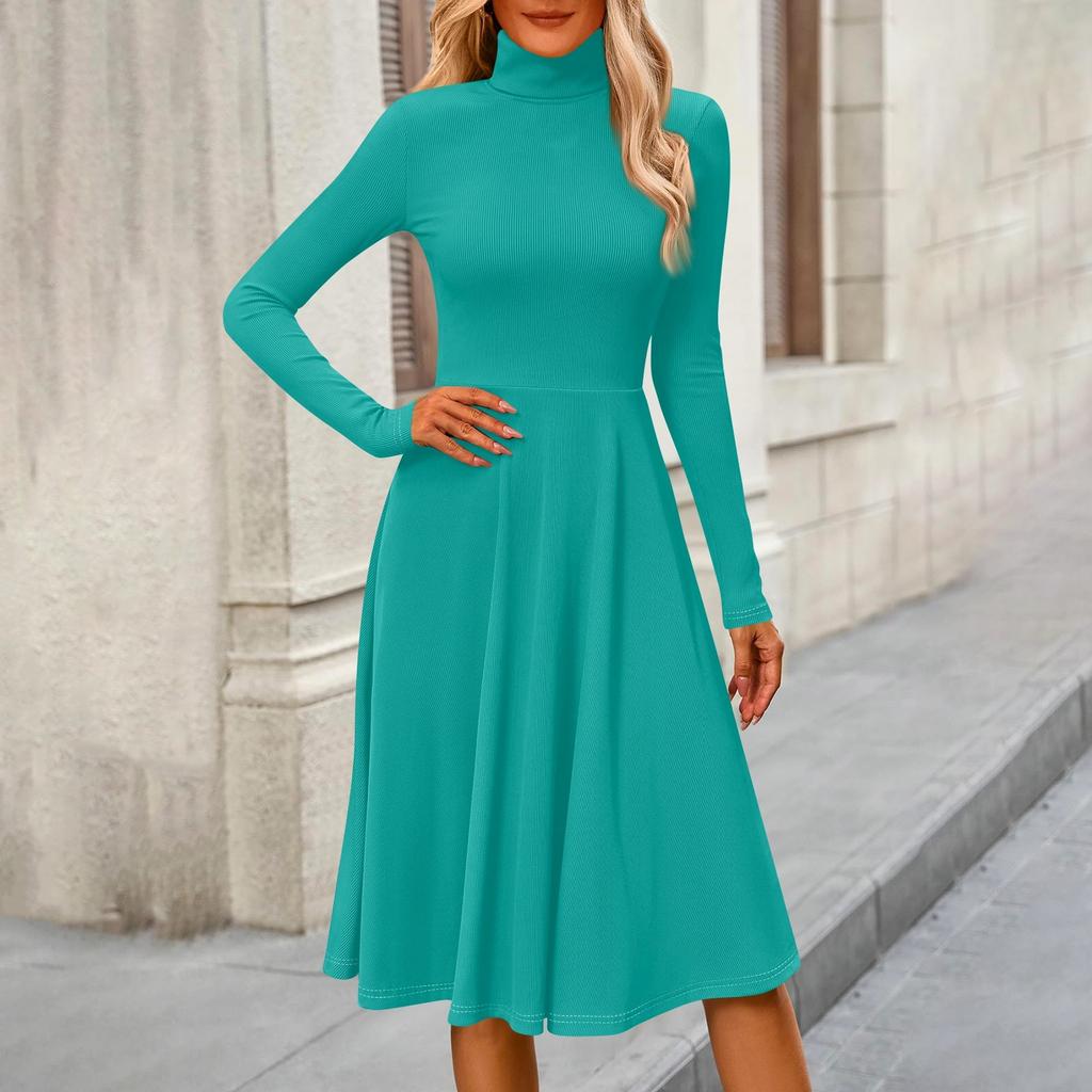 Vestido Midi Casual de Moda Feminina com Gola Alta e Mangas Longas em Cor