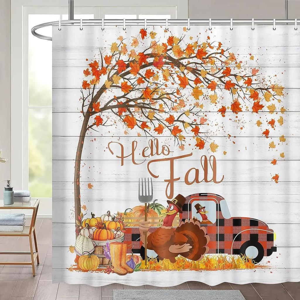Fall Shower Curtains Brown Window Pumpkin Haystack Sunflower Maple Leaves Forest Autumn Home Bathroom Curtain Decor with Hooks