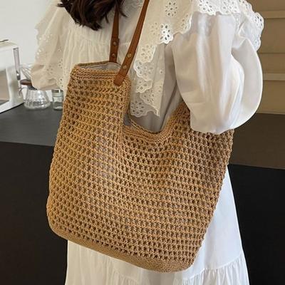 Lazy High Capacity Woven Bag Damen Gestrickte Hohle Schultertasche Freizeit Urlaub Strandtasche