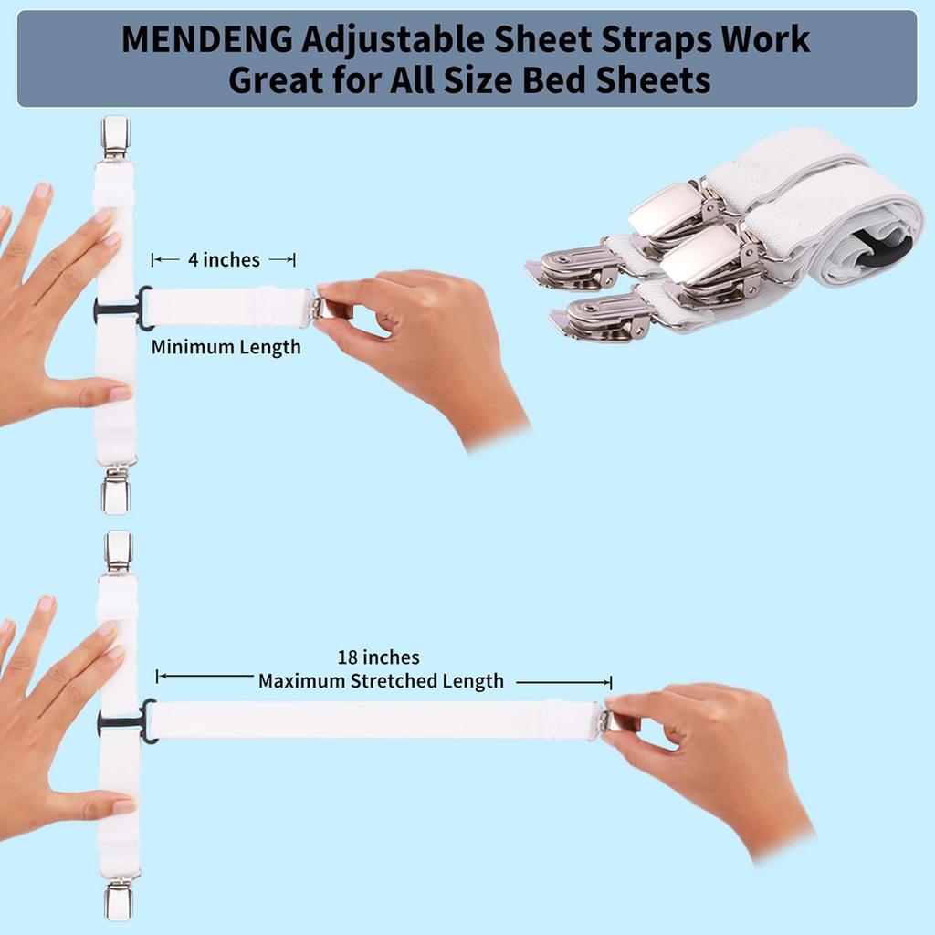 MENDENG Bed Sheet Straps Queen Fitted Sheet Straps Sheet Holders for Corners King Size Mattress Straps Suspenders Gripper White 4P