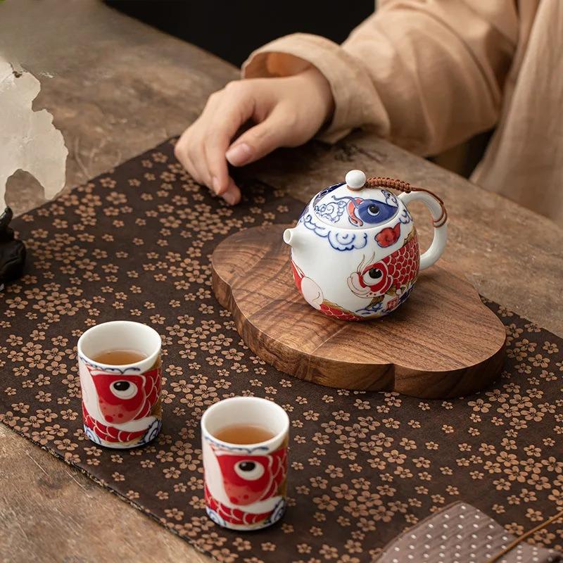 190ml Creative Auspicious Fish Pattern Teapot Small Dragon Egg Pot Tea Set Kit Boutique 1 Pot 2 Cups Tea Maker Organizer Craft