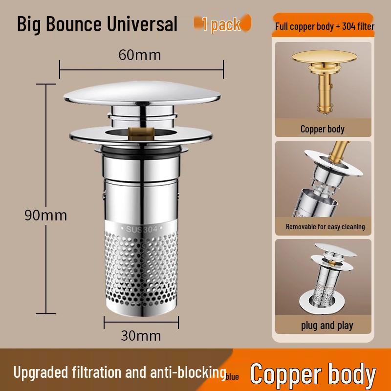 Push-Type Sink Leak Stopper: Universal Bounce Core Drainer & Deodorant Filter for Washbasins
