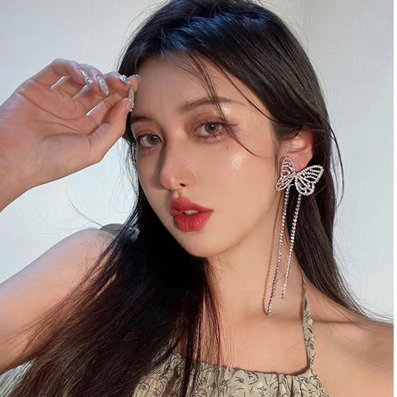 European and American butterfly fringed earrings women's long full diamond stud earrings exaggerated temperament versatile fashion commuter earrings