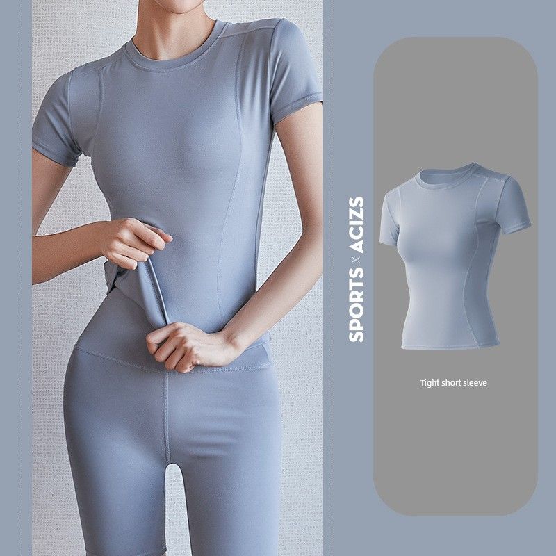 

High Elastic Yoga Clothes Women s Sports Short Sleeve Slim Looking Fitness T-shirt Absorb Sweat Running Tight Quick Drying Clothes Yoga Jacket Gray Lake Blue M