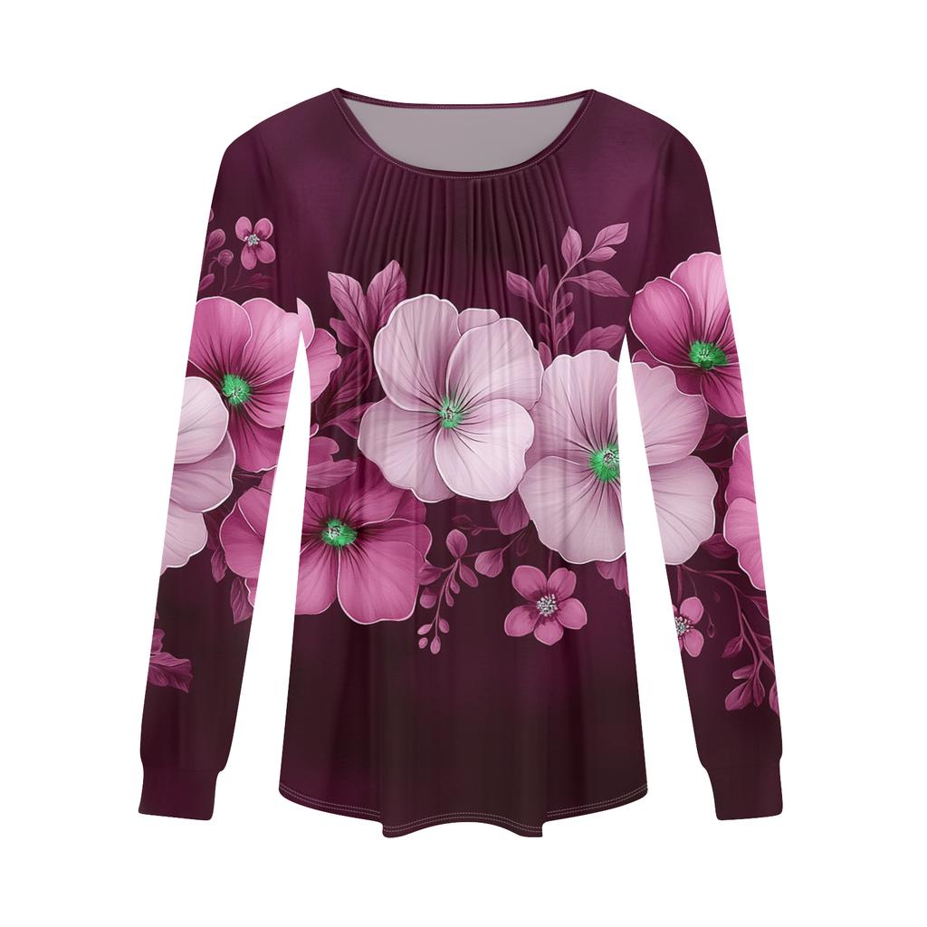 Women's Fashion Casual Pleated Round Neck Vintage Floral Print Long Sleeve T,Shirt Top