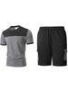 Men Color Block Casual Round Neck Short Sleeve T Shirt Cargo Shorts Two Piece Set