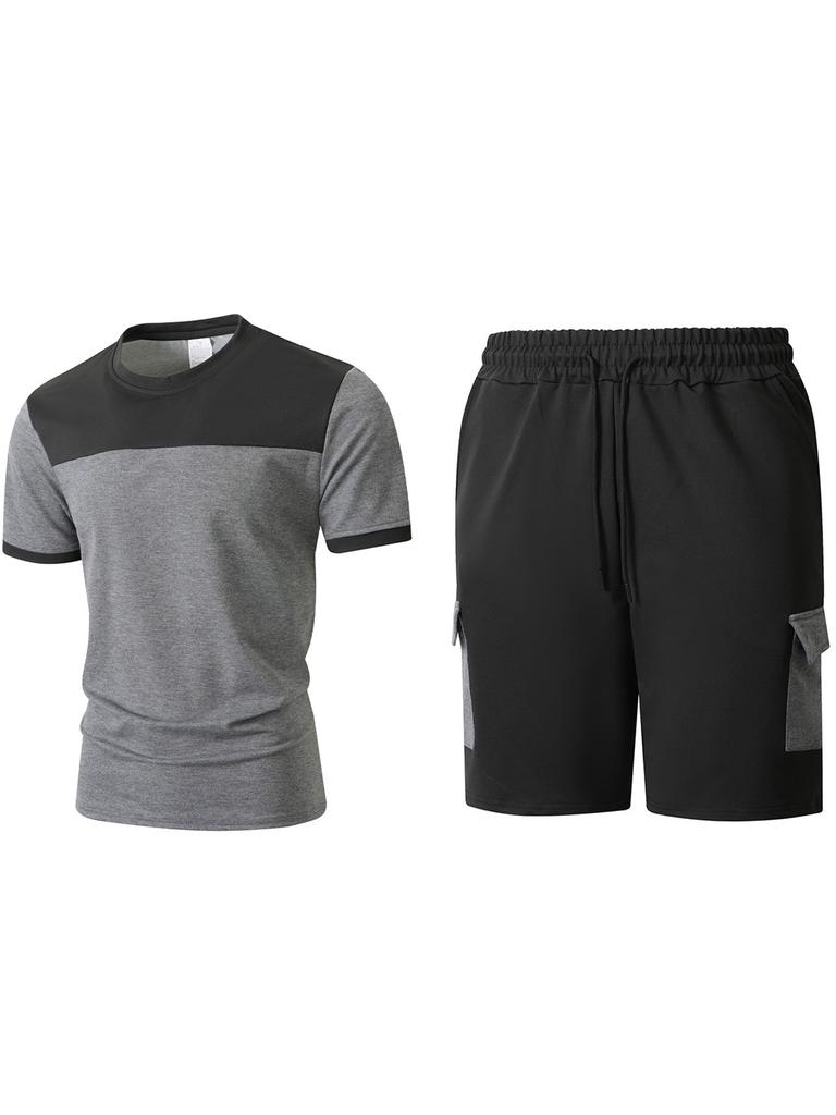 Men Color Block Casual Round Neck Short Sleeve T Shirt Cargo Shorts Two Piece Set