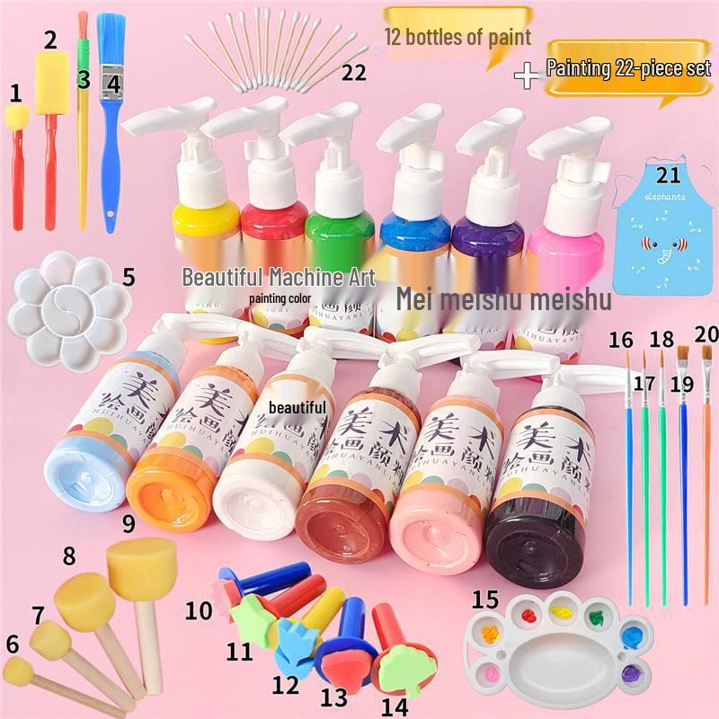 Kindergarten Art Set: 24 Gouache Colors & 12 Mushroom Brushes for Kids