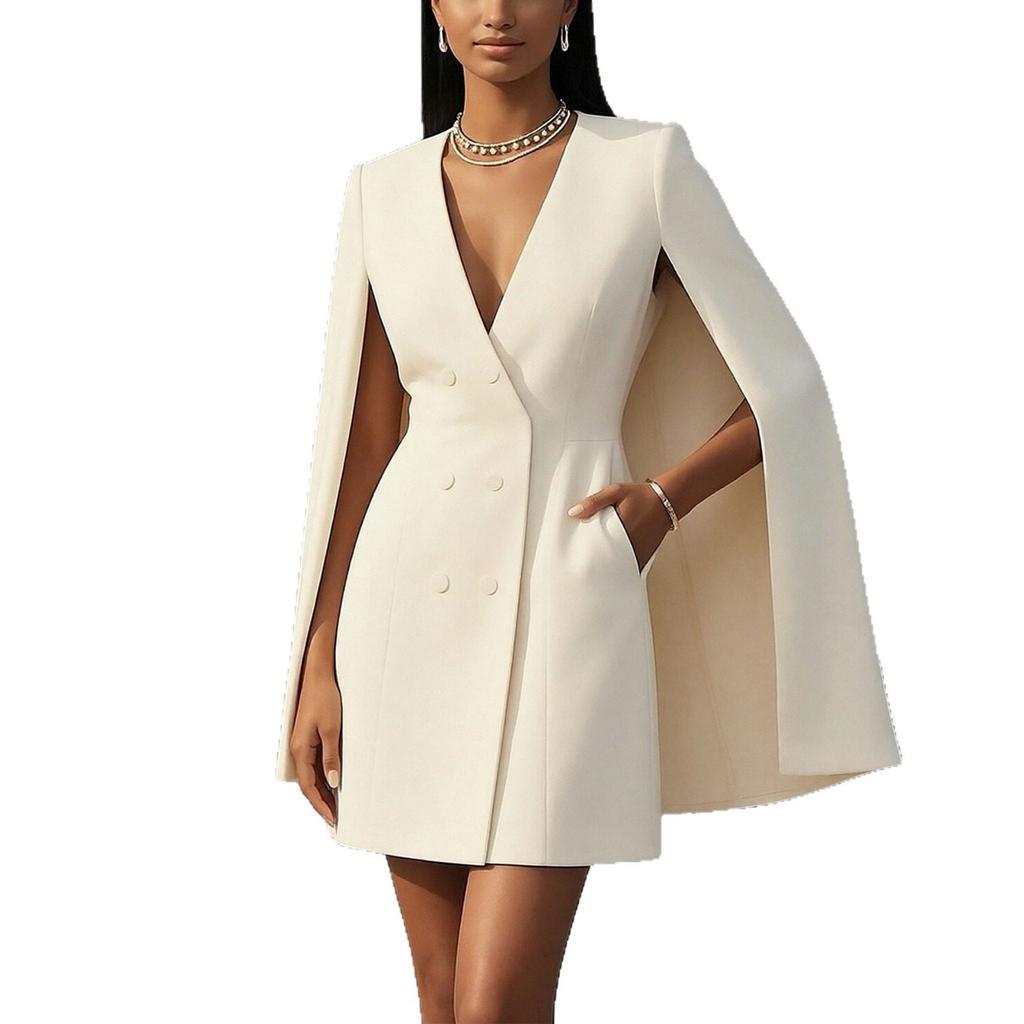 Women's clothing, new spring models in Europe and America, temperament double-breasted shawl solid color suit dress