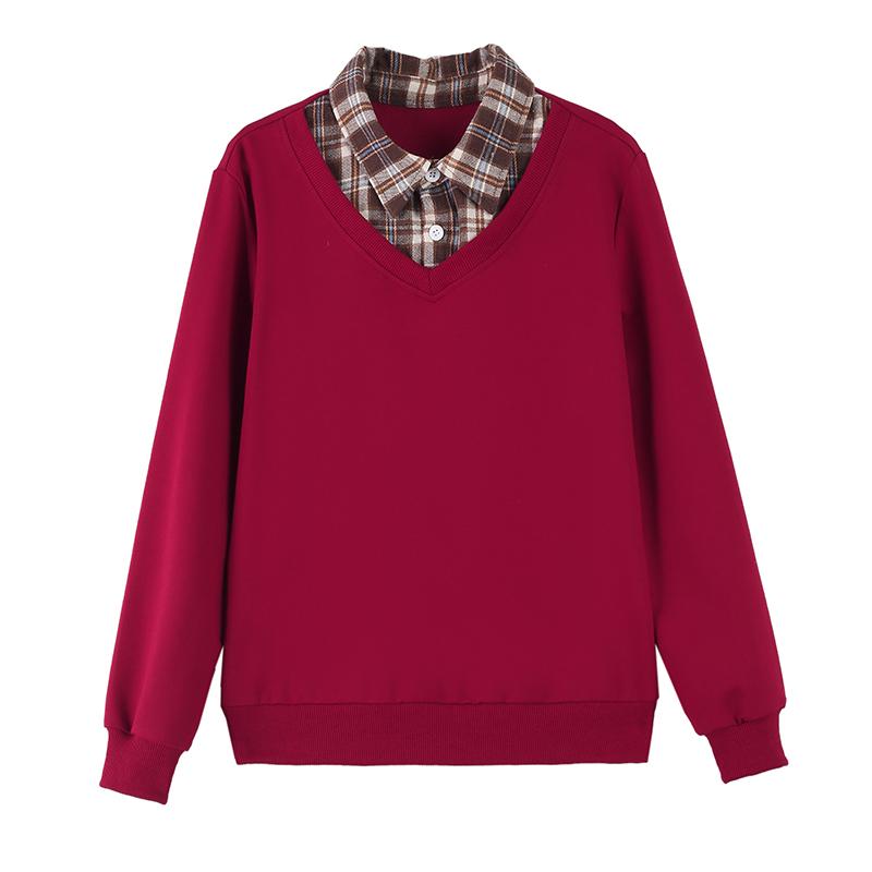 Fake Two Pieces Checkered Button Lantern Long Sleeve Spring Autumn Turn-down Collar Pullover Women's Clothing Casual Tops