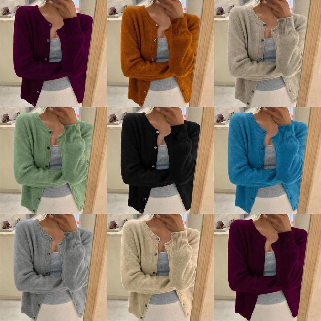 Women's Solid Color Long-Sleeve Round Neck Knit Cardigan