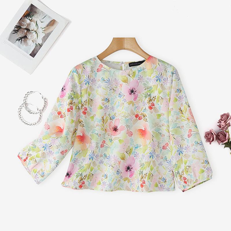 

ZANZEA Женская повседневная блузка с круглым вырезом и рукавом 3/4 с цветочным принтом 4XL зелёный