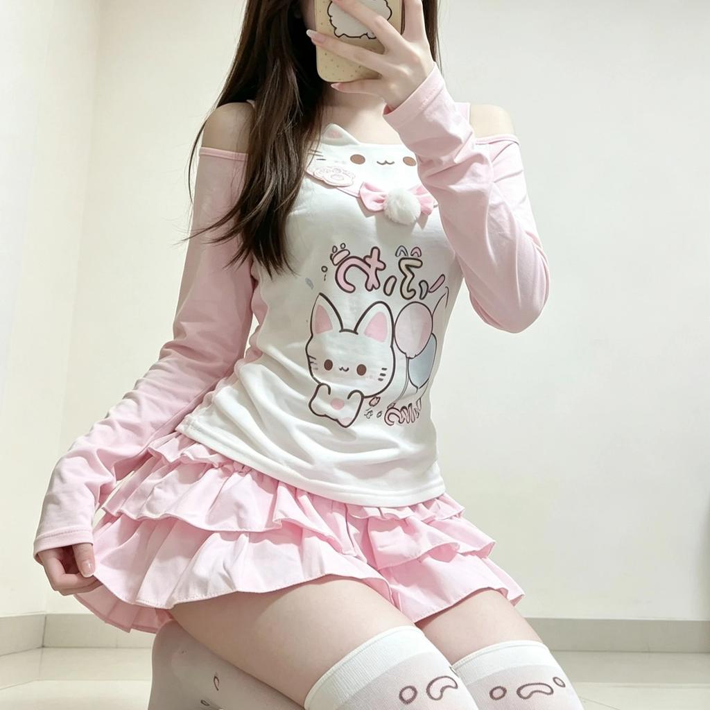Sweet Japanese T-shirts Women's Clothing Pink Butterfly Patchwork Lace Slash Neck Tees Anime Print Off Shoulder Cute Y2k Tops