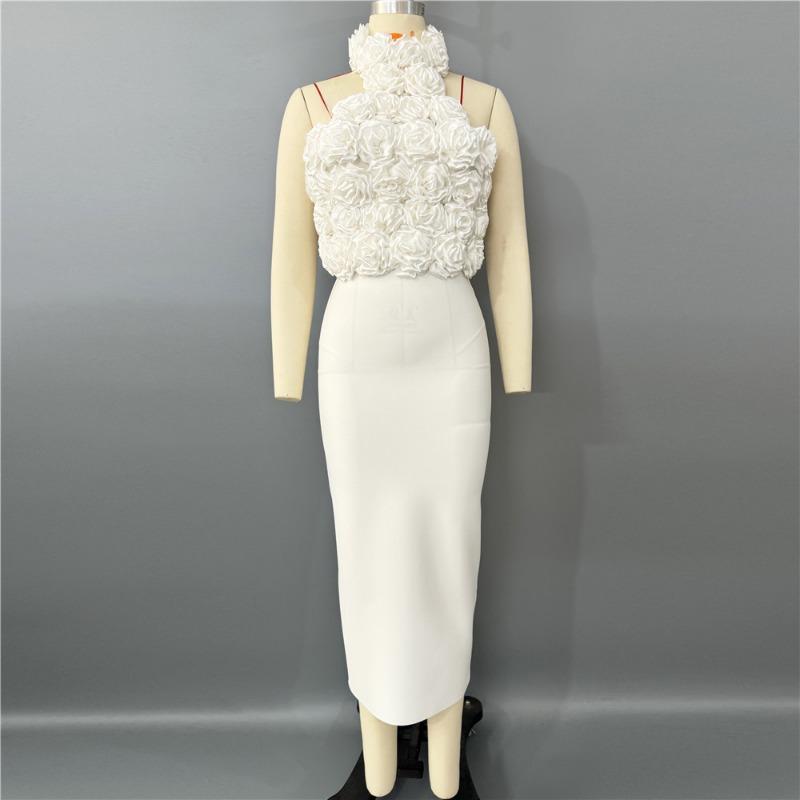 Bandage dress sexy fashion neck halter three-dimensional flower women's sleeveless dress Africa