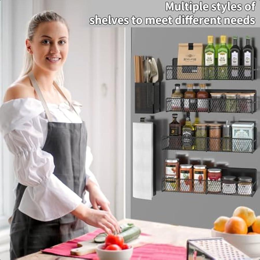 Magnetic Spice Rack for Refrigerator 6 Pack Metal Magnetic Shelf Black Moveable Spice Organizer Strong Magnetic Storage Fridge