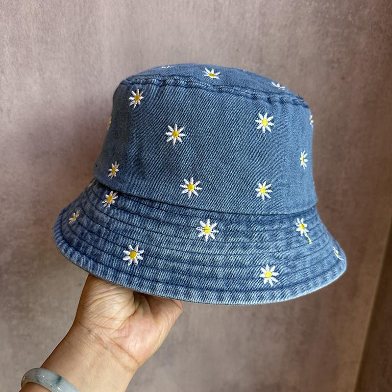 Japanese Ins Embroidered Daisy Bucket Hat With Sun Protection For Summer Casual Wear