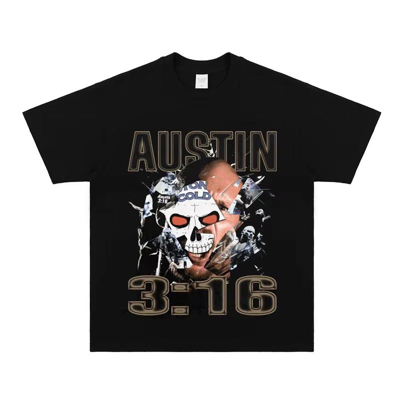 Summer Men New Stone Cold Steve Austin WWE Tshirts Wrestling Pure Cotton Vintage Short Sleeve T-shirt High Quality Luxury Brand