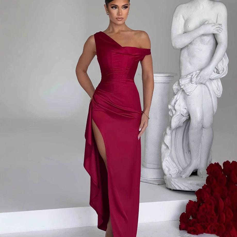 Women's One Shoulder Sleeveless High Waist Ruched Satin Bodycon Maxi Dress High Slit Irregular Evening Gown