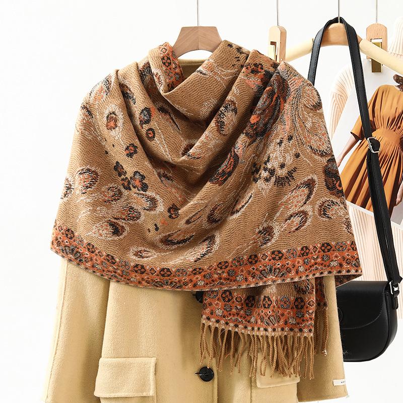 Jacquard Scarf Shawl with Decorative Imitation Cashmere Scarf for Women Winter High End New Style Thickened Ethnic Style Shawl