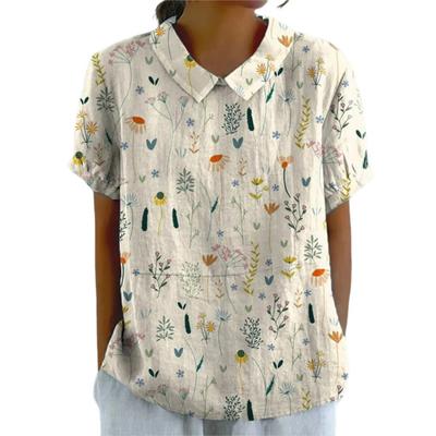 Camisa floral para mujer, blusa informal de manga corta con solapa, para oficina, fiesta, vacaciones, casa y cita.