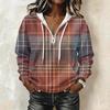 Women's Long Sleeve Drawstring Hoodie with Striped Plaid Print Pullover Sweatshirt
