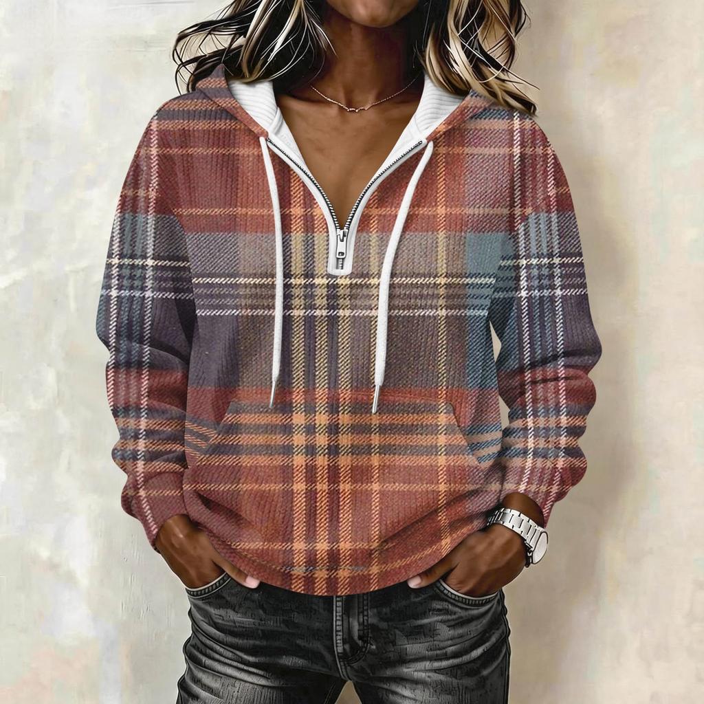 Women's Long Sleeve Drawstring Hoodie with Striped Plaid Print Pullover Sweatshirt