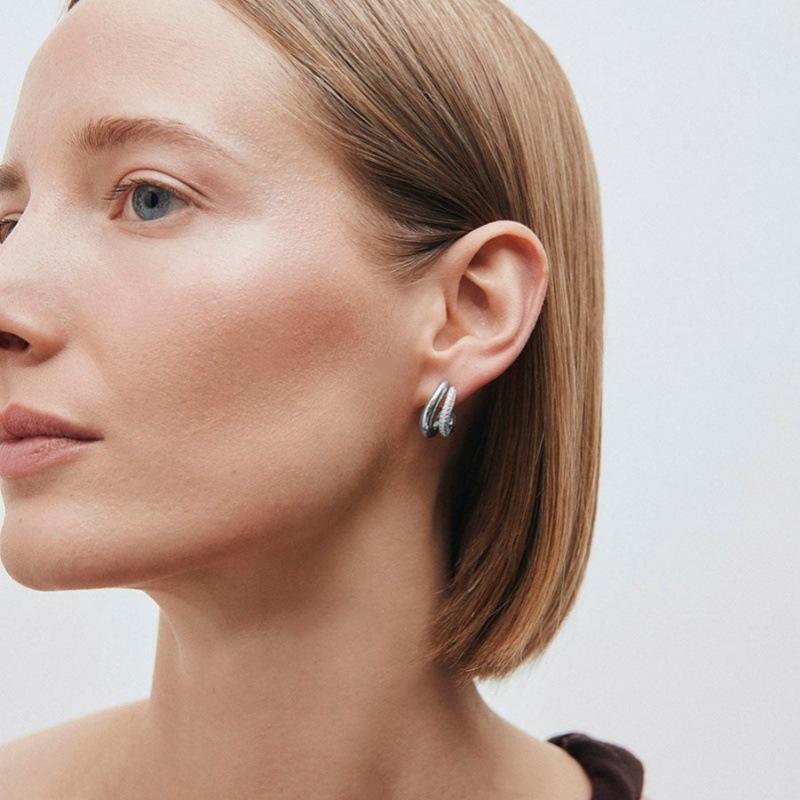 Premium Metal Inlaid Zircon Irregular Double-Layer Design Earrings S925 Silver Needle Stud Earrings Trendy Temperament Earrings