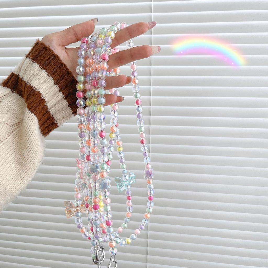 Girl color beaded mobile phone case long chain lanyard diagonal span women's new dopamine hanging chain niche