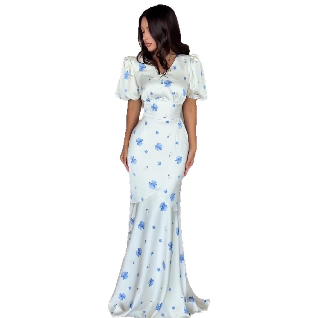 European and American women's clothing 2026 summer new French satin V-neck bubble sleeve strap waist floral dress