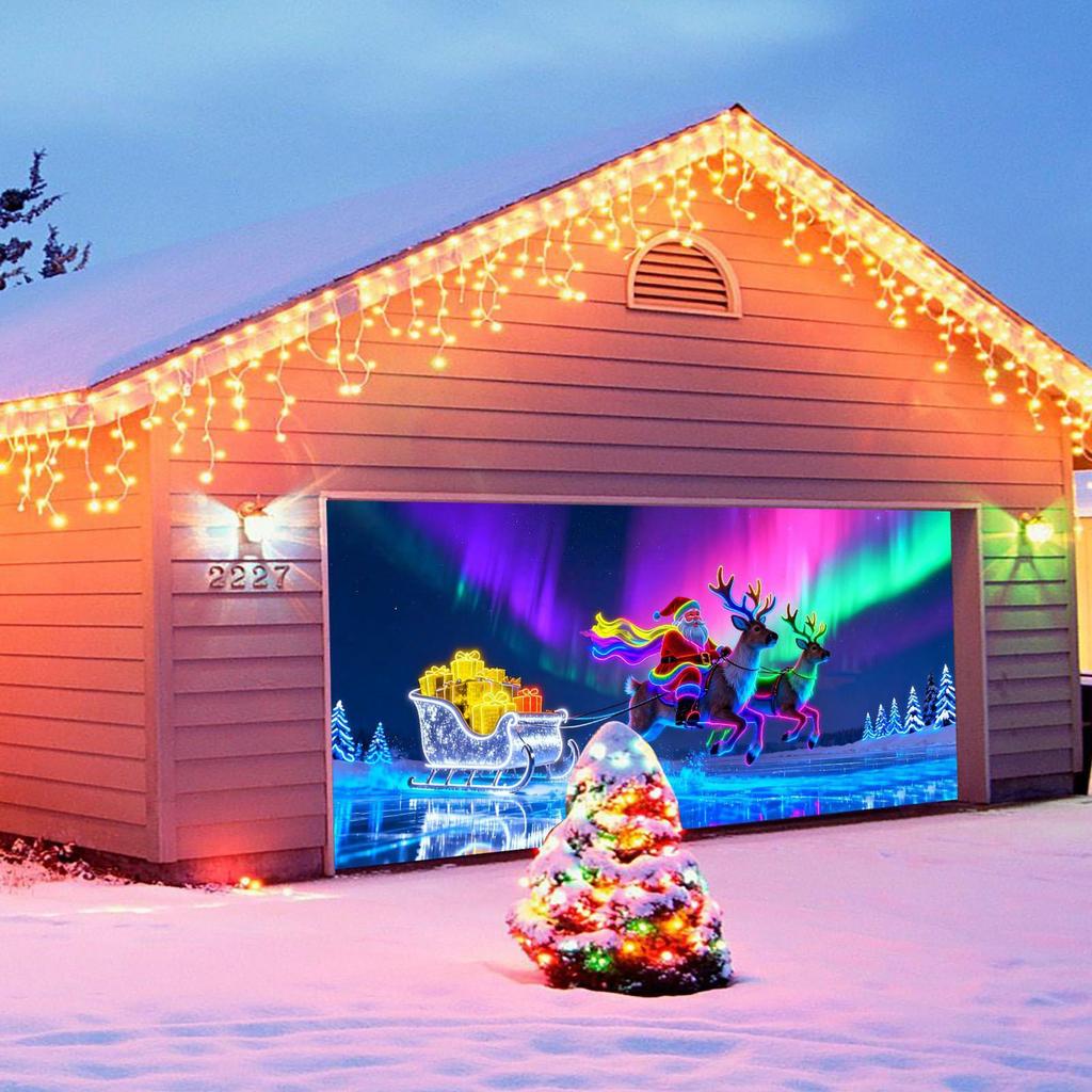 Christmas Garage Door Cover Glows In Dark Fluorescent Santa Backdrop Large Christmas Garage Door Backdrop Decoration For Outside