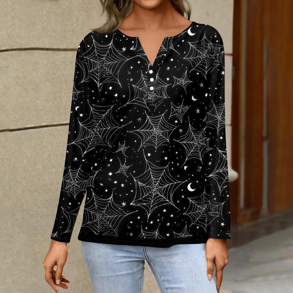 Haut T-shirt Décontracté Mode Femme Imprimé Halloween Col en V Bouton Bordure Manches Longues