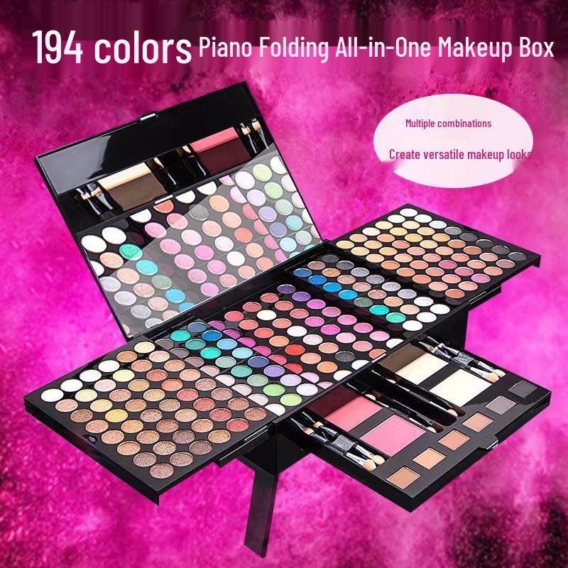 

Набор для макияжа из 194 предметов в земляных и синих мерцающих тонах: Румяна, Тональный крем, Матовые тени в складном кейсе в виде пианино