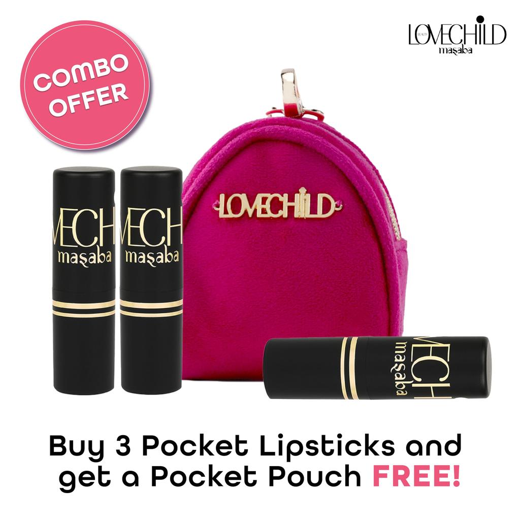 LoveChild Masaba Pocket Mini Lipsticks Set of 3 with Free Travel Pouch, Hydrating & Long-Lasting Matte Finish, 1.5g Each, Shades for All Skin Tones,